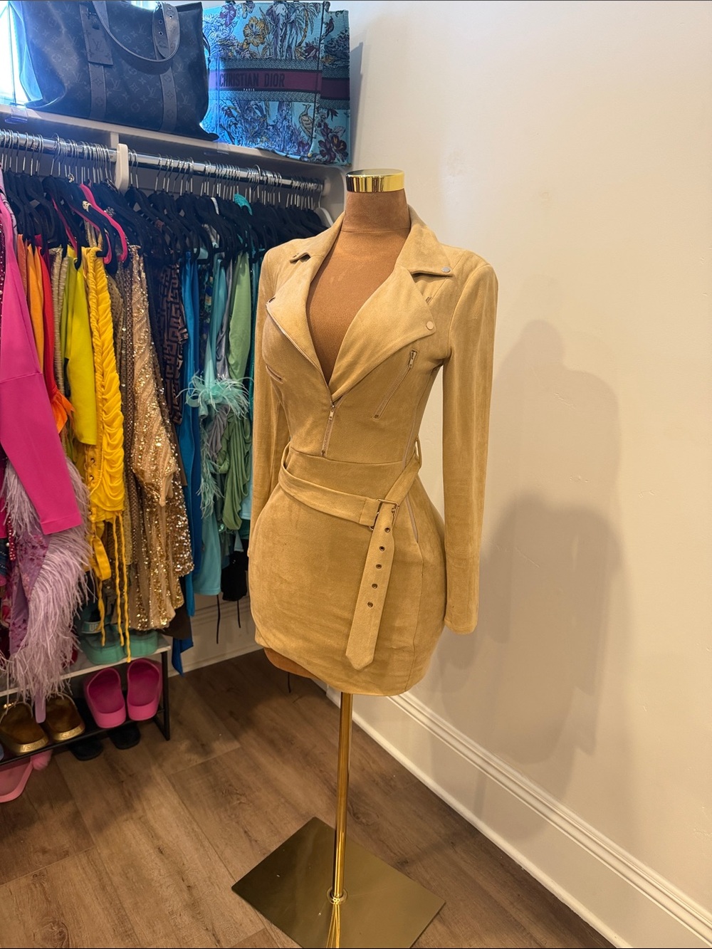 Oh Polly Tan Suede Belted Moto Mini Dress